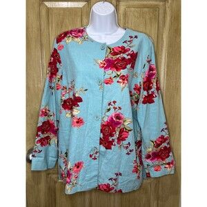 Susan Graver Style Floral Jacket Top Womens Blue Linen Blend Long Sleeve Medium